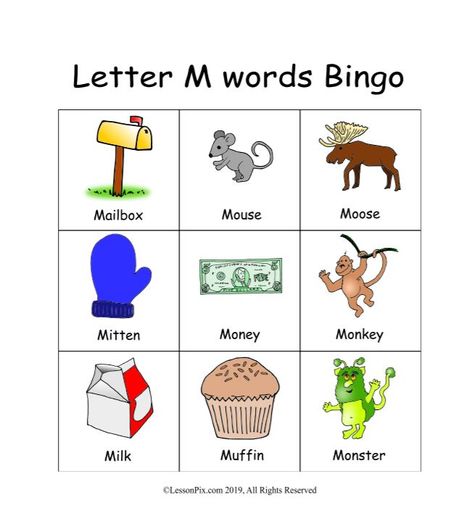 Vocabulary Bingo Card - Letter M Letter M Words, Money Monkey, Joy School, Word Bingo, Speech Language Activities, Bingo Card, English Activities, Preschool At Home, Language Activities