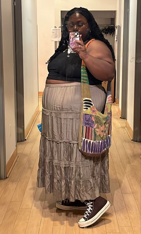 Plus Size Earthy Outfits Summer, Curvy Earthy Outfits, Earthy Plus Size Outfits, Plus Size Boho Fashion Black Women, Plus Size Earthy Aesthetic, Earthy Outfits Black Women Plus Size, Fat Aesthetic Outfit, Long Skirt Outfits Plus Size, Fat Summer Outfits