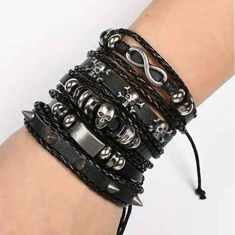 Men's Genuine Black & Silver Leather Bracelet Set (E3) Set Includes All Five Adjustable Bracelets Skulls Brand New Emo Beaded Bracelets, Grunge Bracelet Ideas, Emo Bracelets, Guys Bracelets, Dr Accessories, Men's Boutique, Purple Streetwear, Mens Bracelet Black, Male Jewelry