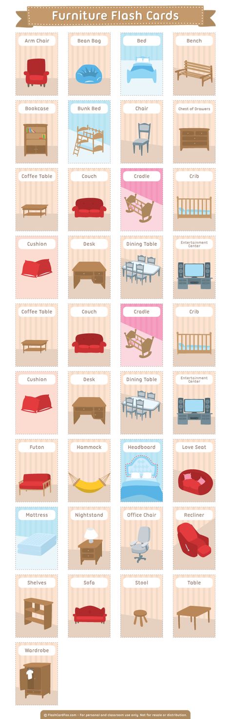 Free printable furniture flash cards. Download them in PDF format at http://flashcardfox.com/download/furniture-flash-cards/ Printable Furniture, Flashcards Free Printable, Furniture Names, Materi Bahasa Inggris, Vocabulary English, Esl Vocabulary, Improve English, English Vocab, English Language Teaching