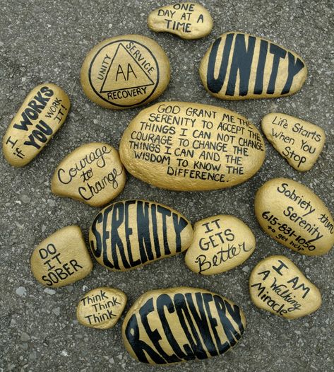 Alcoholics Anonymous AA recovery Serenity Unity inspirational rock painting Recovery Arts And Crafts, Recovery Crafts, Garden Markers Rock, Unity Painting, Vintage Camper Art, Aa Recovery, Camper Art, Inspirational Rocks, Rock Painting Tutorial