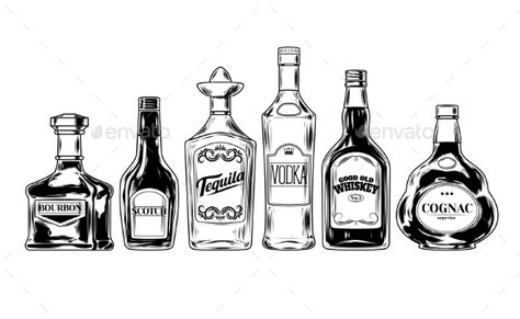 Alcohol Drawing, Bottles Alcohol, Bottle Of Alcohol, Alcohol Infusion, Bottle Drawing, Bottle Tattoo, Valentines Day Chocolates, Bg Design, 흑백 그림