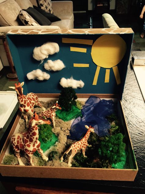 Giraffe Diorama, Giraffe Habitat, First Grade Projects, Habitat Project, Biomes Project, Diorama Kids, Pbl Projects, Habitats Projects, Zoo Project