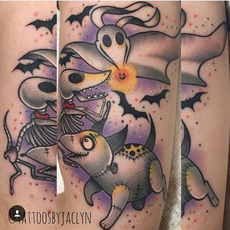 Dogs of Tim Burton tattoo by @tattoosbyjaclyn Tim Burton Dogs, Nightmare Before Christmas Tattoos, Cute Disney Tattoos, Godfather Tattoo, Christmas Tattoos, Jack Skellington Tattoo, Tim Burton Tattoo, Nightmare Before Christmas Tattoo, Usa Tattoo