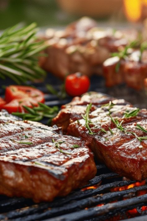 Tranches de viande grillée et légumes assaisonnés avec des herbes fraîches sur un barbecue.