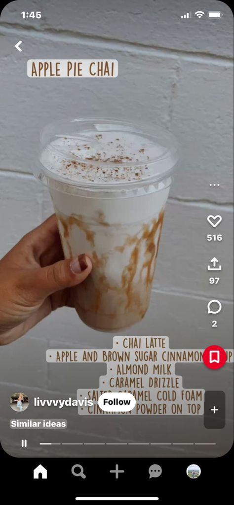 Apple Chai Latte, Chai Tea Drinks, Chai Latte Starbucks, Chai Tea Latte Starbucks, Apple Chai, Coffee Orders, Cold Starbucks Drinks, Starbucks Orders, Frappe Recipe