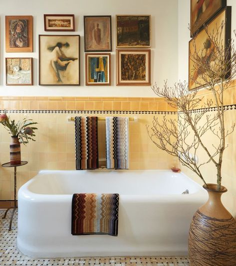 Architectural Digest on Instagram: “In the bedroom of this 1930s L.A. home, which features a carpet from owner and interior designer Jeff Andrews’s (@jeffandrewsdsgn)’s…” Yellow Tile Bathroom, Jeff Andrews Design, Mediterranean Interior Design, Mediterranean Interior, Eclectic Bathroom, Yellow Tile, Mediterranean Design, Yellow Bathrooms, Los Angeles Homes