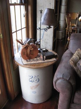 Stoneware crock table How To Display Crocks, Red Wing Crocks Decor Ideas, 20 Gallon Crock Decorating Ideas, Redwing Crocks Decorating, Medalta Crocks, Ceramic Crock Decor Ideas, Red Wing Crock Decor Ideas, Decorating With Old Crocks, Crock Decor Ideas