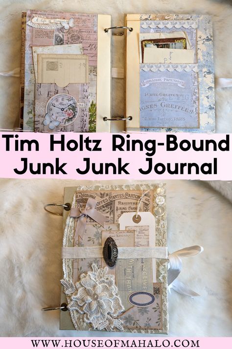 Here's an insider look at how my Tim Holtz ring-bound junk journal took shape. I hope my flip through is full of ideas and inspiration. Three Ring Binder Junk Journal, 3 Ring Binder Junk Journal, Ring Bound Junk Journals, Junk Journal Binding Ideas, Junk Journal Ephemera Ideas, 3 Ring Binder Journal, Junk Journaling Ideas, Ring Journal, Scrapbook Paper Crafts Diy