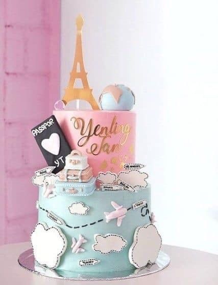 Bolo Paris, Travel Cakes, Γενέθλια Mickey Mouse, Paris Cakes, Travel Cake, Paris Birthday, Birthday Travel, Paris Party, Pretty Birthday Cakes