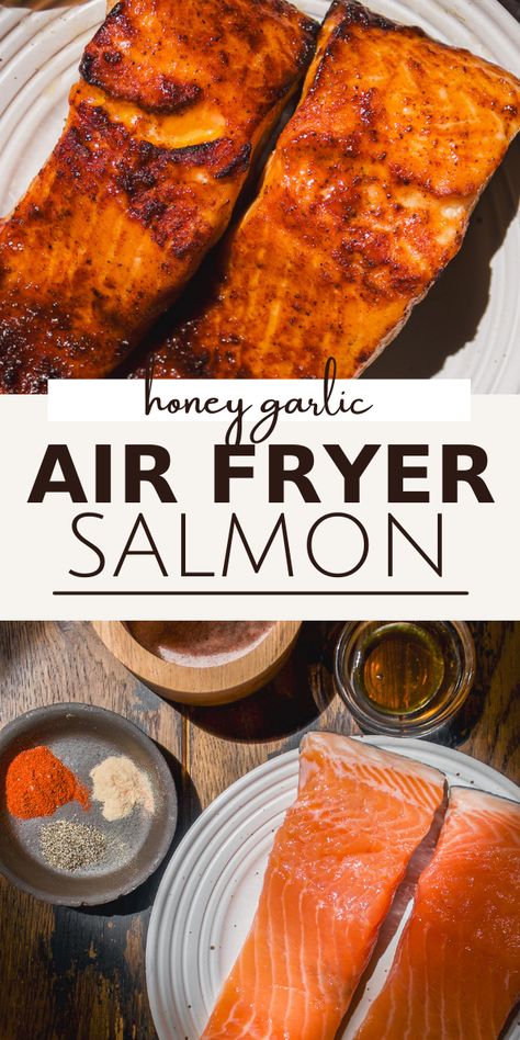 Make dinner time easy with this air fryer salmon recipe! Sweet and savory, it’s made with just a handful of staple ingredients and cooks in minutes for an elevated protein source that pairs wonderfully with all your favorite appetizers and sides. Asian Air Fryer Salmon, Honey Garlic Salmon Air Fryer, Salmon Air Fryer Recipes, Air Fryer Salmon Recipes, Honey Ginger Salmon, Salmon Stir Fry, Air Fryer Salmon, Honey Garlic Salmon, Salmon And Shrimp