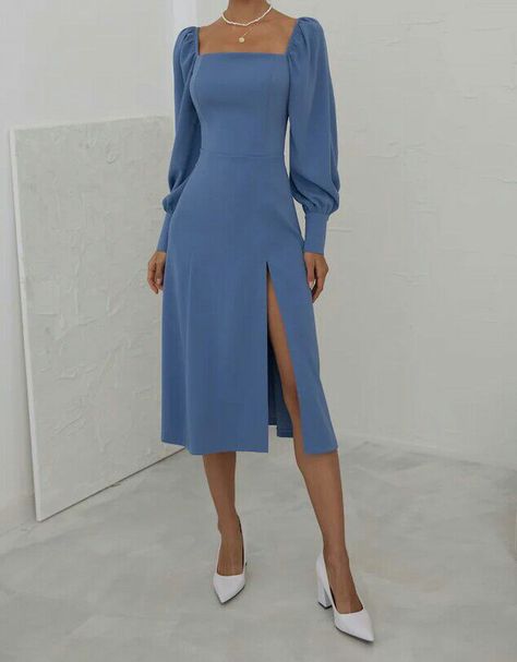 Minimalist Formal Dress, Blue Long Sleeve Midi Dress, Square Neck Dress Accessories, Mid Length Dresses Formal Elegant, Long Simple Dresses Formal Classy, Formal Mid Length Dress, Satin Dresses Formal Long Sleeve, Square Neck Graduation Dress, Midi Formal Dress Sleeve