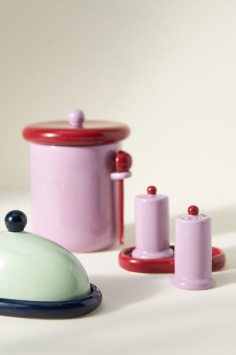 Pastel, multicoloured hues give the Rika collection a playful quality, elevating any dining set to frivolous cheer. | Rika Canister with Scoop by Anthropologie in Purple Clay Games, Cute Salt And Pepper Shakers, Dopamine Design, Dishes Sets, Ceramic Kitchenware, Anthropologie Kitchen, Ceramic Salt And Pepper Shakers, Serveware Entertaining, Anthropologie Uk