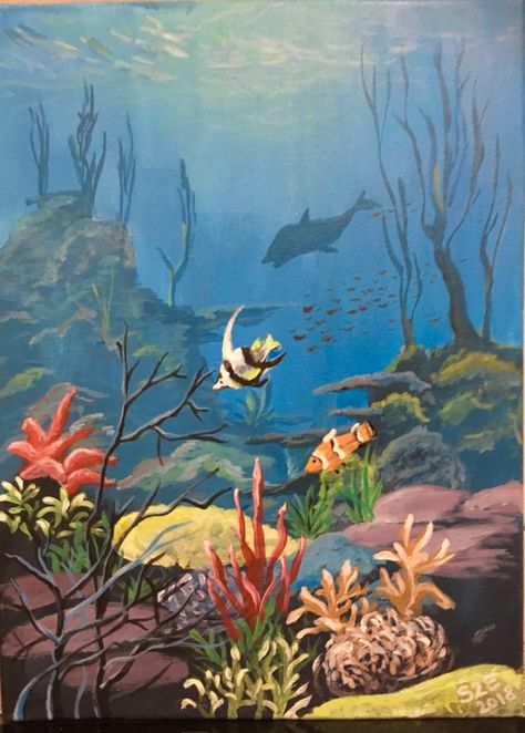 Undersea Painting Acrylic, Underwater Scene Painting, Paint Underwater, Under The Sea Painting, Under The Sea Drawings, Ocean Art Painting, Ocean Drawing, Sea Artwork, Underwater Painting