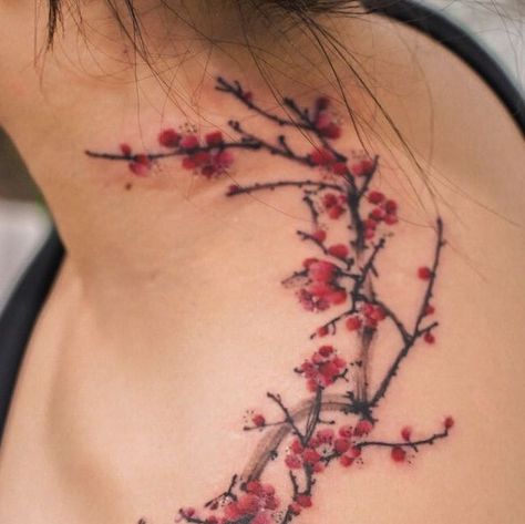 여백 on Instagram: "Cherry blossom branches from shoulder to neck🤟 @yeobaeg_tattoo   #germanytattoo #paristattoo #cherryblossomtattoo #plumblossomtattoo #shouldertattoo #necktattoo #orientaltattoo #koreatattoo #ktattoo #brushtattoo #watercolortattoos #tattooart #tattooforgirls #redtattoo #매화타투 #어깨타투 #꽃타투 #벚꽃타투 #동양화타투" Cherry Branch Tattoo, Back Shoulder Tattoo, Germany Tattoo, Korea Tattoo, Cherry Branch, Cherry Blossom Branches, Paris Tattoo, Brush Tattoo, Letter Tattoo