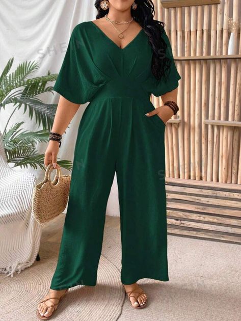 SHEIN VCAY Backless Short Sleeve Jumpsuit For Business Casual | SHEIN EUQS Wedding Guest Women Pants, Mustard Jumpsuit Outfit, Business Outfits Women Plus Size, Green Jumpsuit Outfit Wedding, Plus Size Indian Outfits For Wedding, Plus Size Cocktail Attire, Larger Bust Outfits, Rakhi Outfits, Indian Jumpsuit