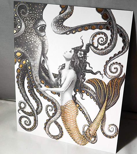 AmazonSmile: Mermaid and Octopus Original Art - Gold Foil Wall Decor Posters Prints - Gifts for Mom Her Women Sister Wife Daughter - Mothers Day Birthday Anniversary Hallmark Keepsake Presents - 8x10 Inches: Posters & Prints Mermaid And Octopus, Mermaid Octopus, Foil Wall Decor, Under Sea, Octopus Tattoos, Octopus Tattoo, Mermaid Tattoo, Octopus Art, Mermaid Tattoos