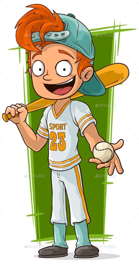 Cartoon Young Baseball Player with Bat Cartoon Redhead, Uniform Illustration, Red Head Cartoon, White Uniform, Easter Crafts For Toddlers, Dancing Drawings, White Basketball, Toddler Easter, Illustration Cartoon