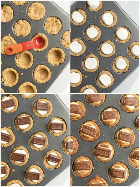 Smore Cookie Cups, Cookies In Cupcake Pan, Mini Cupcake Pan Desserts, Graham Cracker Cups, S'mores Cookie Cups, Smores Cookie, Desserts Mini, Cookie Cups Recipe, Graham Cracker Cookies