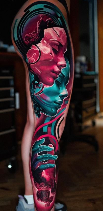 Cyberpunk 2077 Tattoo, Surreal Realism, Colored Tattoo, Colored Tattoo Design, Black Skull Tattoo, Full Leg Tattoos, Surreal Tattoo, Colour Tattoo, Realism Tattoos