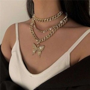 Hip Hop Fashion Butterfly Pendant Triple Layers Cuban Chain Design Women Bib Statement Necklace - Golden Butterfly Pendant Necklace, Choker Necklace Set, Fame Dr, Classy Jewelry, Butterfly Jewelry, Gold Necklace Layered, Necklaces Jewelry, Gold Butterfly, Girly Jewelry