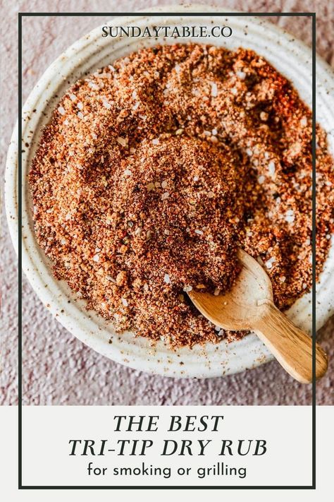 This tri-tip dry rub is perfect for smoking or grilling! It has brown sugar, garlic, onion, paprika, chili powder, salt, pepper, and a bit of spice for a flavorful, simple dry rub recipe. Forget marinade, dry rubbing is easy, quick and so delicious! Just season the trip-tip, grill it or smoke it, and use the steak on sandwiches, crostini, or just on its own. You can also use this seasoning on any cut of steak or BBQ recipe. No matter how you eat it, this rub will make for the best tri-tip ever! Dry Rub Tri Tip Recipe, Dry Rub Steak Recipes, Tri Tip Dry Rub, Tri Tip Seasoning Rub, Tri Tip Dry Rub Recipes, Tri Trip Recipe, Dry Rub For Steak Grilling, Tri Tip Seasoning Recipes, Sweet And Smokey Dry Rub