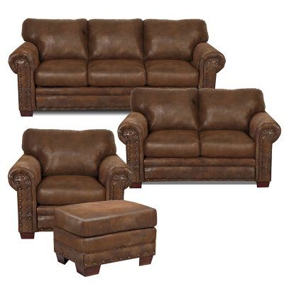 Cozy Cabin Living Room Furniture, Cognac Furniture Living Room, Western Style Furniture, Yellowstone Living Room, Antique Couch Living Room, Small Rustic Living Room Ideas, Rustic Living Room Inspiration, Living Room With Leather Furniture, Brown Leather Couch Living Room Decor