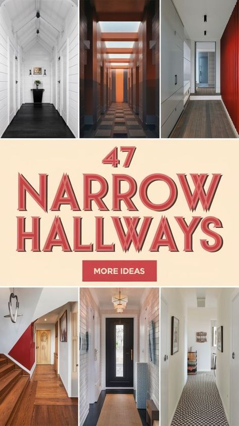 Elevate your narrow hallway with 47 creative and stylish ideas! From bold color schemes and modern lighting to unique floor patterns, discover how to add personality and functionality to small spaces. Perfect for making a striking first impression! Small L Shaped Hallway Ideas, Hallway Beading Ideas, Hall Ways Ideas Entrance Narrow, Narrow Hallway Lighting Ideas Ceilings, Small Hallway Makeover Ideas, Narrow Hallway Decorating Farmhouse, Narrow Hallway Molding Ideas, Upper Hallway Ideas, Long Narrow Entryway Ideas Front Doors