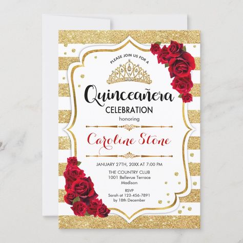 Quinceanera - Gold White Stripes Red Roses Invitation | #redroses #flowers #quinceanera #15thbirthday #tiaraquinceanera #princessquinceanera #diamonds #stripes #glittergold #goldwhitered Red Roses Invitation, Invitations Quinceanera, Elegant Birthday Invitations, Birthday Tiara, Elegant Birthday, Quinceanera Invitations, 15th Birthday, Elegant Invitations, Gold Stripes