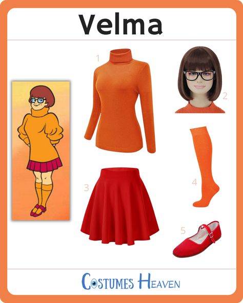 Get the cute and nerdy look this Halloween in a Velma costume! The bright and colorful suit will definitely make you stand out among the cosplayers. #velma #ScoobyDoo #cosplay #halloweencostume #costumesheaven#costumesheaven Diy Velma Costume, Velma Outfit, Orange Knee High Socks, Colorful Suit, Velma Costume, Scooby Doo Costumes, Orange Turtleneck, Velma Cosplay, Velma Scooby Doo