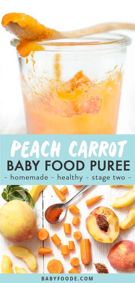 This fun roasted Peach+ Carrot Baby Food Puree will delight baby's taste buds! Made with 2-ingredients - peaches and carrots, which are roasted to bring out their own natural flavors. Great for babies 6 months and older - stage two puree. #babyfood #healthy #homemade #stage2 Homemade Baby Food Stage 1, Carrot Baby Food, Baby Food Stage 1, Baby Food Vegetables, Instant Pot Baby Food, Homemade Baby Snacks, Homemade Baby Food Storage, Baby Food Recipes Stage 1, Carrot Baby