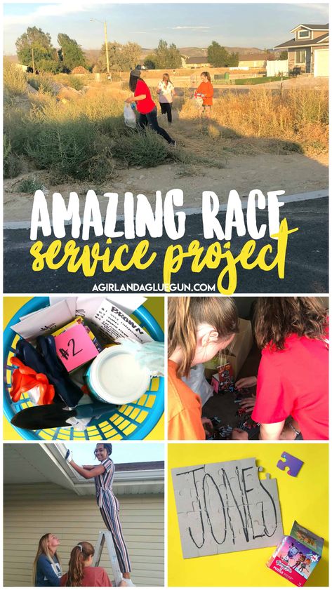 Amazing race service project - A girl and a glue gun Youth Group Service Projects, Amazing Race Challenges For Teens, Young Womens Activity Ideas, Amazing Race Challenges, Amazing Race Party, Church Youth Group, Activity Day Girls, Youth Conference, Yw Activities