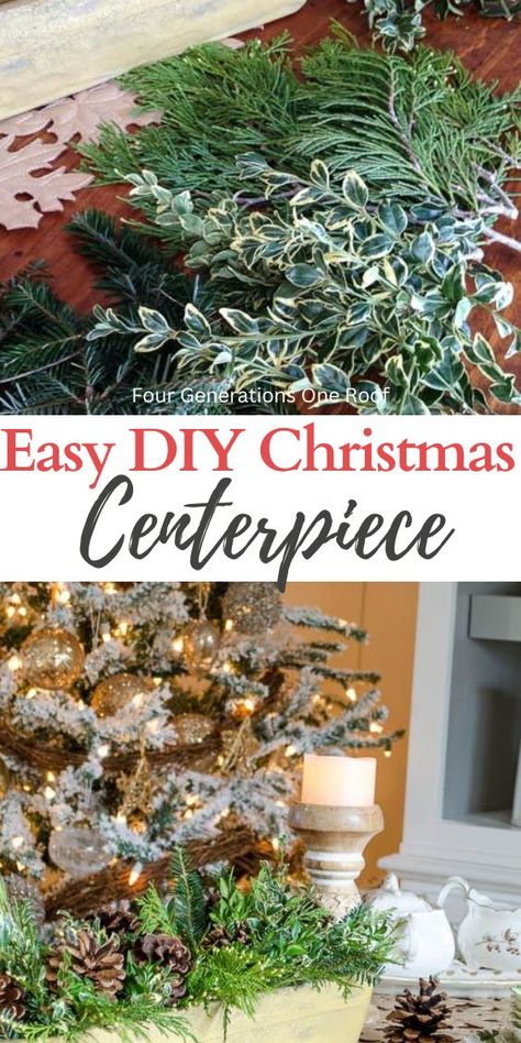 how to make a diy Christmas centerpiece in under 10 minutes with a dough bowl, fresh greens from your yard and pine cones Fresh Greens Christmas Centerpieces, Christmas Greenery Arrangements, Centerpiece With Greenery, Christmas Centre Pieces, Diy Christmas Centerpiece, Dough Bowl Centerpiece, Greenery Centerpiece, Dining Room Table Centerpieces, Christmas Bowl