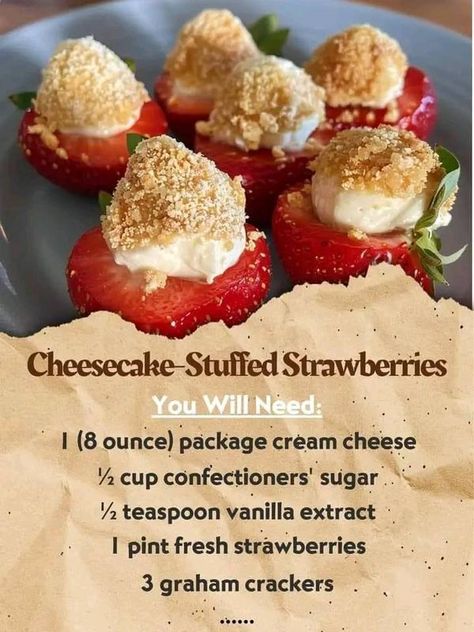 Grandma’s recipes | Cheesecake-Stuffed Strawberries 🍓 | Facebook Cheesecake Strawberries Stuffed, Stuffed Strawberry, Cheesecake Strawberries, Cheesecake Stuffed Strawberries, White Chocolate Covered Strawberries, Recipes Cheesecake, Stuffed Strawberries, Cheese Stuffed, Alcohol Drink Recipes