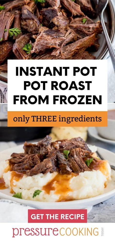 pinterest button for instant pot pot roast from frozen Frozen Roast In Instant Pot, Roast In Instant Pot, Frozen Roast, Instant Pot Pot Roast, Best Pot Roast, Frozen Beef, Cooking A Roast, Pot Recipes Easy, Recipes Beef