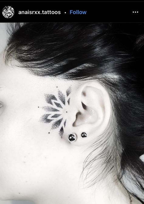 Honeycomb Tattoo Behind Ear, Half Mandala Ear Tattoo, Front Ear Tattoo Women, Mandala Ear Tattoo, Mandala Face Tattoo, Dainty Face Tattoos, Sideburn Tattoo Women, Side Burn Tattoos, In Front Of Ear Tattoo