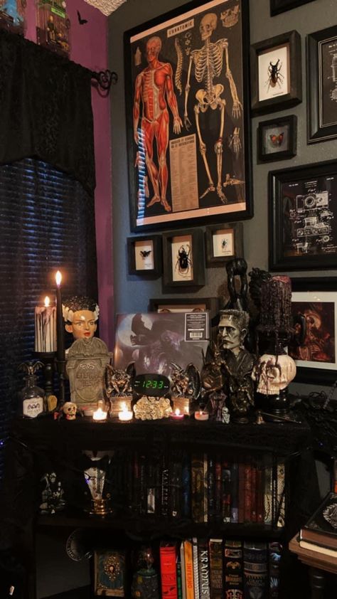 Boho Gothic Aesthetic, Industrial Goth Bedroom, Maximalist Decor Gothic, Heavy Metal Bedroom Ideas, Whimsigoth Side Table, Alt Living Room Aesthetic, Small Gothic Apartment, Gothic Grandma Aesthetic, Earthy Goth Bedroom