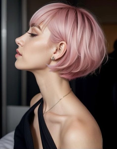 Bobbed Blonde Hairstyles, Lilac Short Hair, Short Concave Bob, Short Pastel Pink Hair, Pink Bob With Bangs, Pink Pixie Hair, Vivid Hair Color, Grey Hair Inspiration, Pastel Pink Hair