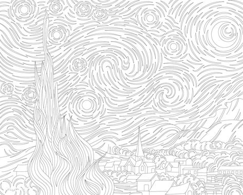 The Starry Night (1889) by Vincent van Gogh: adult coloring page | free image by rawpixel.com / manotang Starry Night Sketch, Starry Night Coloring Page, Cap Template, Van Gogh Coloring, Adult Color By Number, Gogh The Starry Night, Free Illustration Images, Free Adult Coloring Pages, The Starry Night