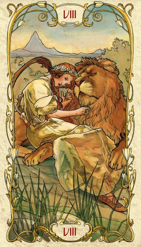 Tarot Mucha, Leo Tarot, Strength Tarot, Tarot Card Art, Golden Art, Remain Calm, Daily Tarot, Tarot Cards Art, Tarot Card Meanings