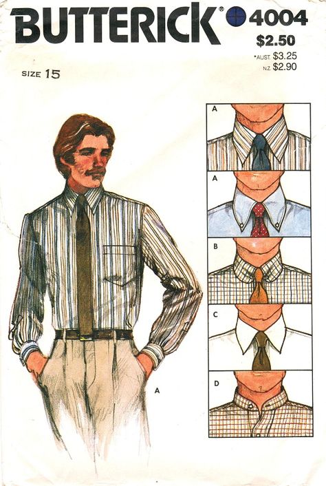 Butterick 4004 --1980s mens shirt variations Mens Shirt Pattern, Mens Sewing Patterns, Butterick Pattern, Tailored Shirts, Sewing Pattern Sizes, Classic Shirt, Neck Shirt, Mens Shirt Dress, Shirt Pattern