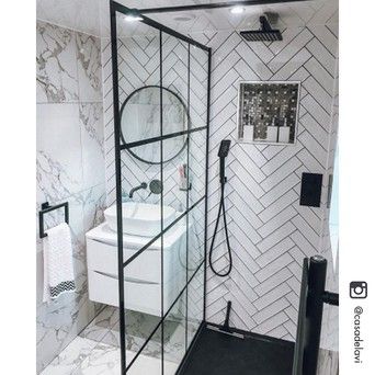 Ideas For Tiling A Small Bathroom | Topps Tiles En Suite Ideas, White Ensuite, Shower Nook, Small Shower Room Ideas, Ensuite Bathroom Ideas, Small Shower Room, Black And White Bathroom, Topps Tiles, Small Showers