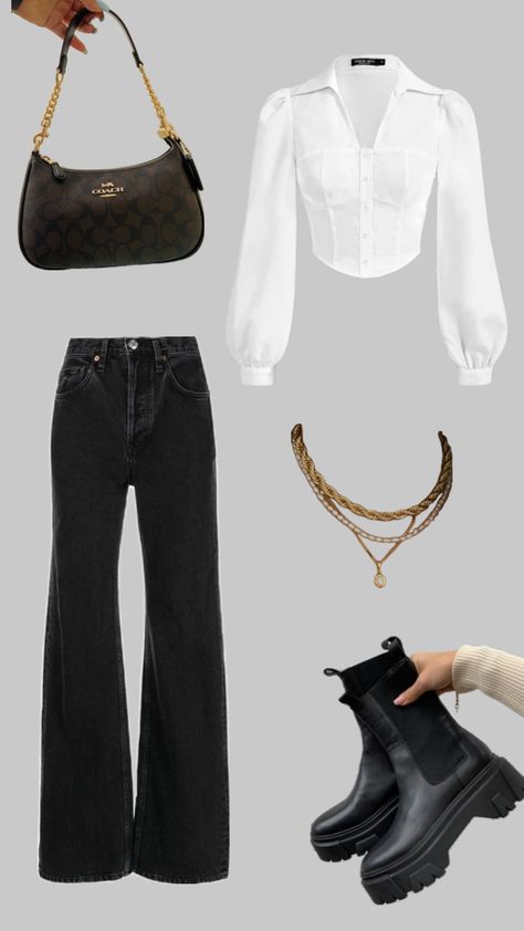 Black and white outfits, fall fashion, winter fashion, 2023 fall winter trends, autumn outfits, autumn fashion, Chelsea boots, white long sleeve blouse, high waisted pants, coach leather handbag purse, gold jewelry, layered jewelry, necklace with pendant chain with pendant, workplace outfits, business casual outfits, boss lady aesthetic, Pinterest girl aesthetic, minimalist outfit ideas, outfit ideas simple, statement pieces, white and black combo outfit Outfits With Gold Jewelry, Professional Fall Outfits, White Aesthetic Outfits, Business Fashion Women, Women Business Professional Outfits, Fall Work Fashion, Ankle Boots Outfit Ideas, Women Business Professional, Winter Work Wardrobe