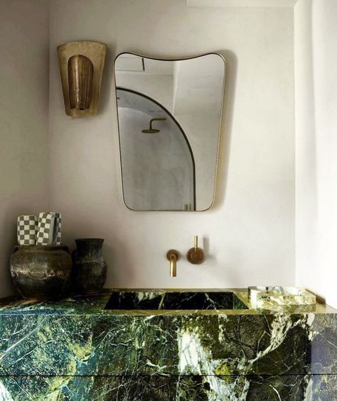 Jarrett & Co. on Instagram: “Green stone feeling @montanalabelle” Eclectic Mid Century Modern, Montana Labelle, Organic Bathroom, Marble Sinks, Bathroom Design Ideas, Sink Design, Floating Vanity, Up House, Traditional Bathroom