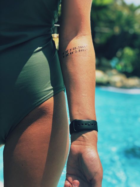 Coordinates Tattoo Forearm, Tattoos Lost Loved Ones, Tattoo Lost Loved One, Tattoos For A Lost Loved One, Lost Loved One Tattoo, Tattoo Ideas Lost Loved Ones, Tattoo Ideas For Lost Loved Ones, Lost One Tattoos, Coordinates Tattoo Placement