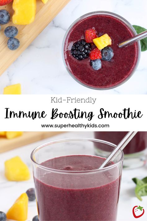 Our Immune Boosting Smoothie is packed with superfoods that are known for their immune boosting properties. The flavor from the berries, mango and pomegranate make it a hit for even your pickiest eaters. Boost your immune system this winter with our anti-flu super smoothie! #healthysmoothierecipes #smoothiesforkids #immuneboostingfoods #healthysnacks Immunity Boosting Recipes, Immune Boosting Smoothie For Kids, Immune System Smoothie, Immunity Smoothie, Toddler Smoothies, Immune Boosting Smoothie, Immune Boosting Foods, Super Smoothies, Super Healthy Kids