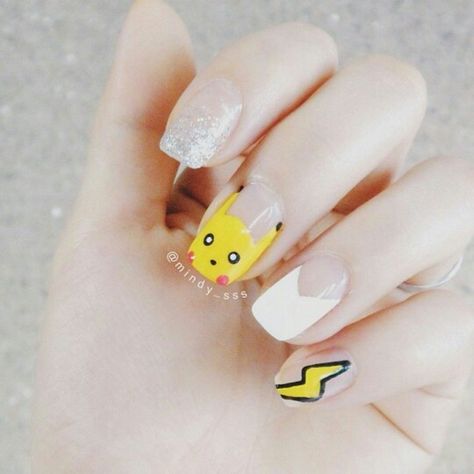 Pikachu white & yellow manicure Pikachu Hairstyles, Pikachu Nail Art, Pikachu Nails, Yellow Manicure, Nail Care, Nail Art Designs, Pikachu, Manicure, Pokemon