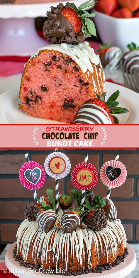 Strawberry Chocolate Chip Bundt Cake - this easy strawberry bundt cake is loaded with chocolate chips and decorated with chocolate covered strawberries. Great dessert for showers, parties, and picnics. Strawberry Bundt Cake, Chocolate Chip Bundt, Strawberry Chocolate Chip, Chocolate Chip Cake Recipe, Chocolate Chip Bundt Cake, Bundt Recipes, Strawberry Cake Easy, Valentines Baking, Strawberry Chocolate