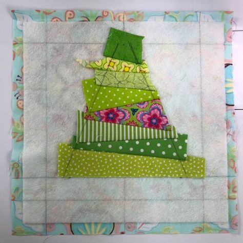 SCRAPPY TREE AND BIRD BLOCK FOR QUILT AS YOU GO! Happy Blocks Quilt Pattern, Crazy Christmas Trees Quilt Pattern, Crazy Christmas Tree Pattern, Scrappy Christmas Tree, Christmas Tree Block Free Pattern, Tree Quilts Ideas, Tree Quilt Blocks Free Pattern, Scrappy Christmas Quilts, Stitch And Flip Quilt