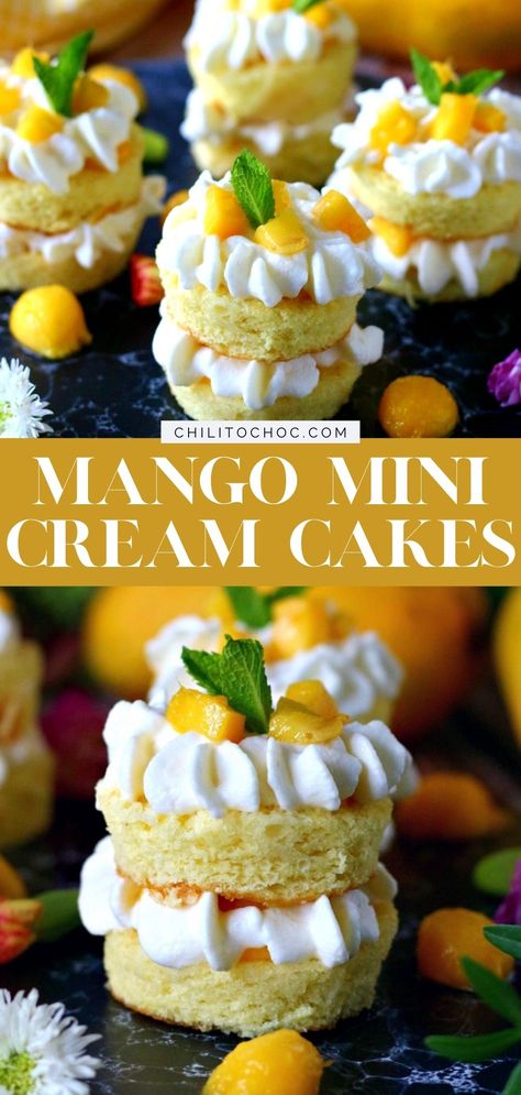 Mango Cake Filling Recipes, Mango Mini Cake, Mango Topping For Cake, Mango Mini Desserts, Mango Chiffon Cake, Mango Coconut Mousse Cake, Mango Cream, Mango Cheesecake, Mango Dessert